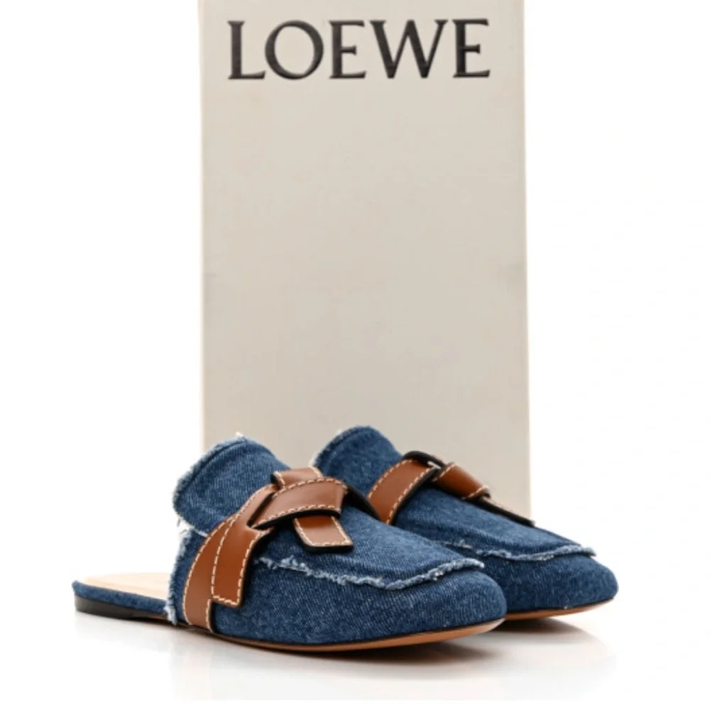 LOEWE Washed Denim Calfskin Gate Mule Sandals 39 Blue Tan